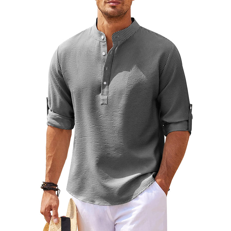 Loookus - Men's Linen Henley Shirt Long Sleeve Casual Hippie Cotton Beach T Shirts Vertical Striped Hawaiian Shirts