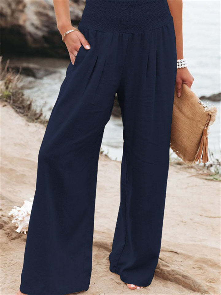 Loookus - Summer Women's Casual Wide-legged Cotton Linen Burst Loose Pants Solid Color Casual Pants