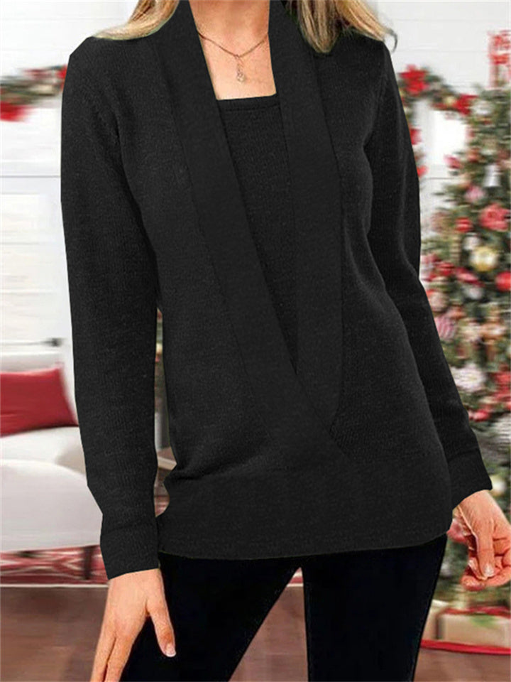 Loookus - Women's Casual Solid Color V-neck Long-sleeved Knitted Sweater