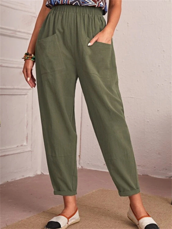 Loookus - Women's New Cotton and Linen Nine-minute Trousers Elasticated Waist Casual Trousers Pocket Small Leg Trousers