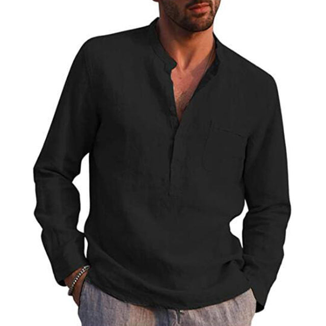 Loookus - Men's Cotton Linen Summer Solid Color  Stand-Up Collar Long-Sleeved Shirts