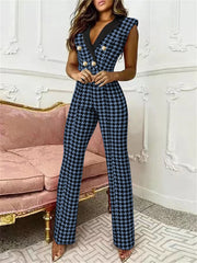 Loookus - Women's Jumpsuit Button Houndstooth V Neck Business Office Work Regular Fit Sleeveless White Blue Khaki S M L Spring