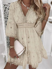 Loookus - Women's Party Dress Lace Short Mini Dress White 3/4 Length Sleeve Embroidery Hollow Out Ruched Fall Winter V Neck Stylish Modern 2022 S M L XL 2XL 3XL