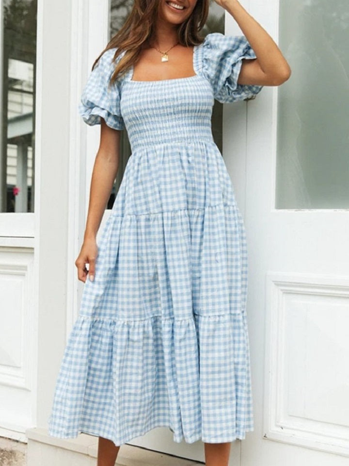 Loookus - Plaid Bubble Sleeve Dress