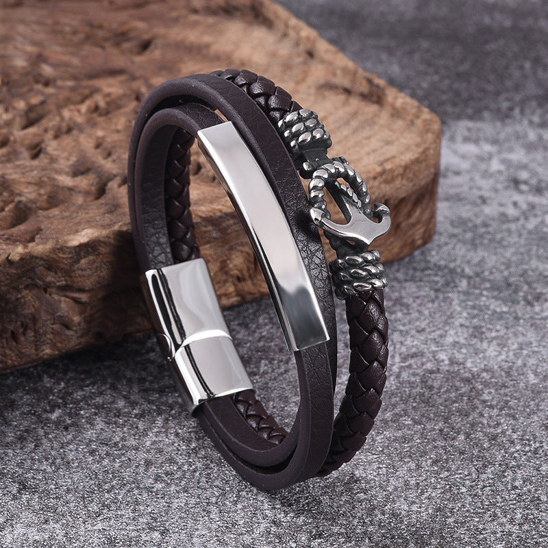 Loookus - 925 Silver Men's stainless steel boat anchor leather rope bracelet multilayer leather woven bracelet