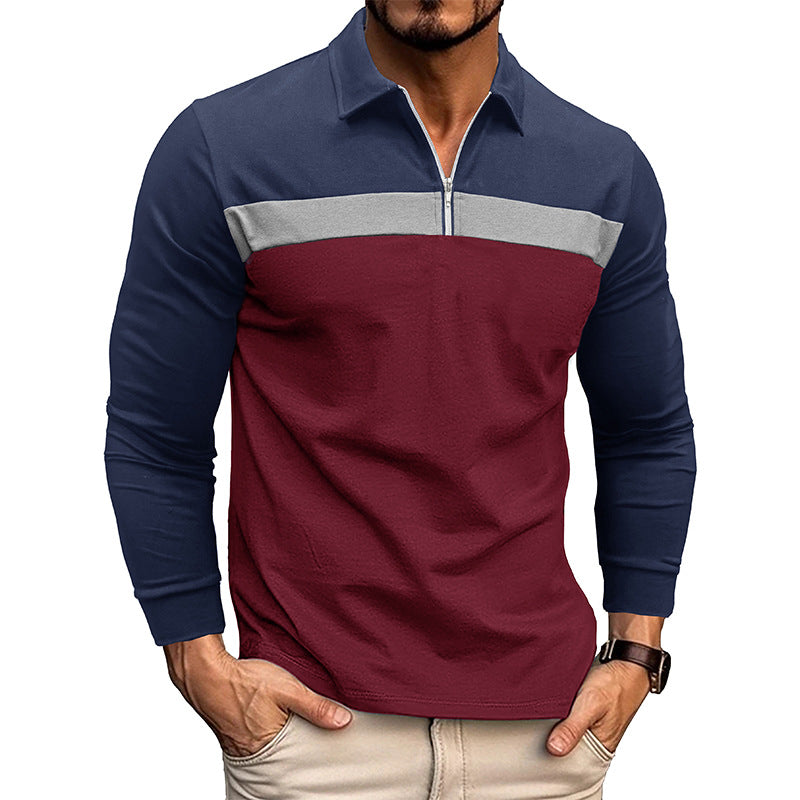 Loookus - Men's Long Sleeve Patchwork Cotton Color-blocked Polo Shirt