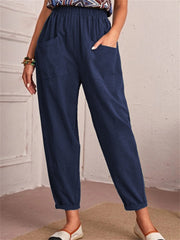 Loookus - Women's New Cotton and Linen Nine-minute Trousers Elasticated Waist Casual Trousers Pocket Small Leg Trousers