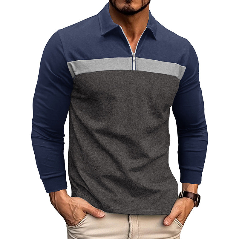 Loookus - Men's Long Sleeve Patchwork Cotton Color-blocked Polo Shirt