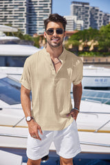 Loookus - Men's Linen Cotton Henley Shirt Casual Beach Hippie Shirts Short Sleeve T Shirts