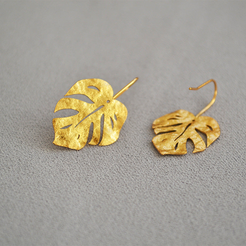 Loookus - Frosted Granular Retro Gold Leaves Earrings