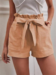 Loookus - Summer Ladies Loose Linen Casual Shorts Pockets Solid Color Big Yards High Waist Wide Leg Pants