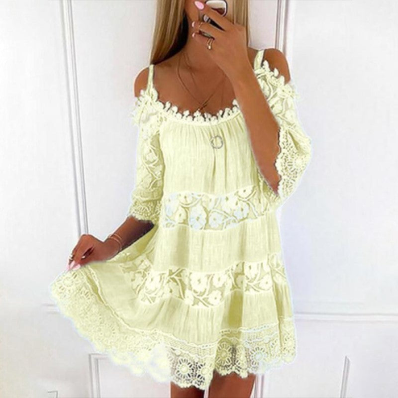 Loookus - Lace Patchwork Suspender Flower Girdle Casual Solid Loose Dress White Dresses