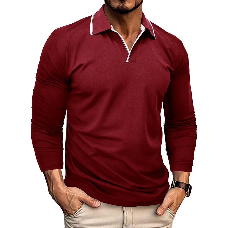 Loookus - Men's Long Sleeve Patchwork Cotton Color Blocked White Line Polo Shirt