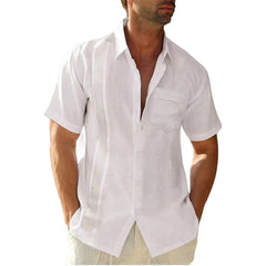 Loookus - Men's summer lapel solid color cotton and linen cardigan casual short-sleeved shirt