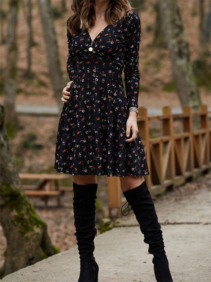 Loookus - Dress Floral Long Sleeve V-neck Dress Big Swing Dress