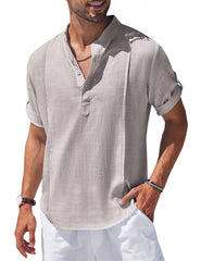 Loookus - Men's Linen Cotton Henley Shirt Casual Beach Hippie Shirts Short Sleeve T Shirts