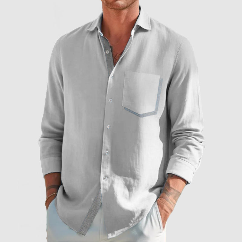 Loookus - Men's Classic Color Block Patchwork Cotton Linen Shirt