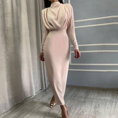 Loookus - Fashionable Waist and Foreign Style Solid Color Long Sleeve Dress