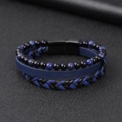Loookus - Men's natural stone volcano stone lapis lazuli leather bracelet stainless steel leather woven bracelet multilayer men's titanium steel jewelry
