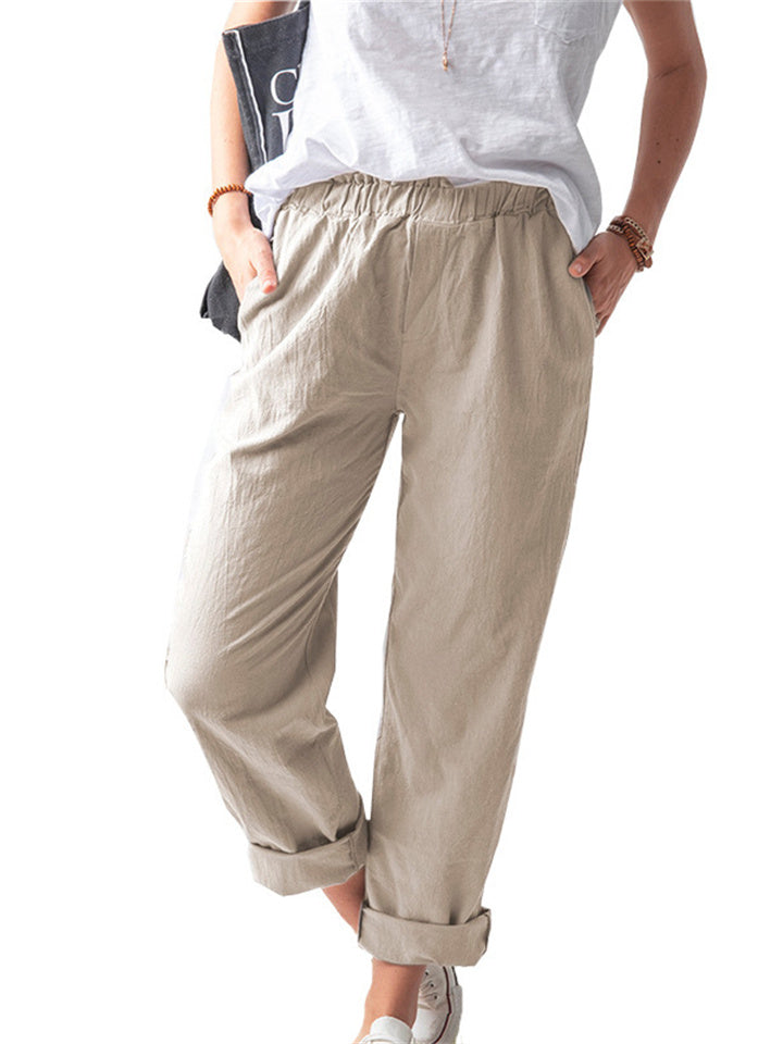 Loookus - New Women's Cotton and Linen Pants Solid Color Casual Elastic High Waist Straight Pants