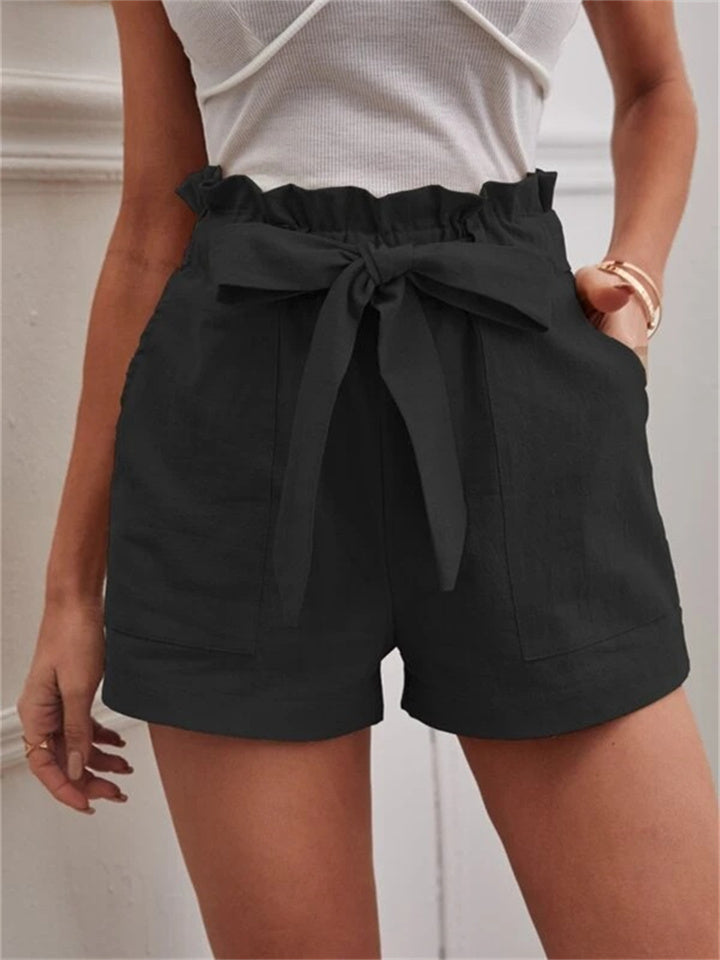 Loookus - Summer Ladies Loose Linen Casual Shorts Pockets Solid Color Big Yards High Waist Wide Leg Pants