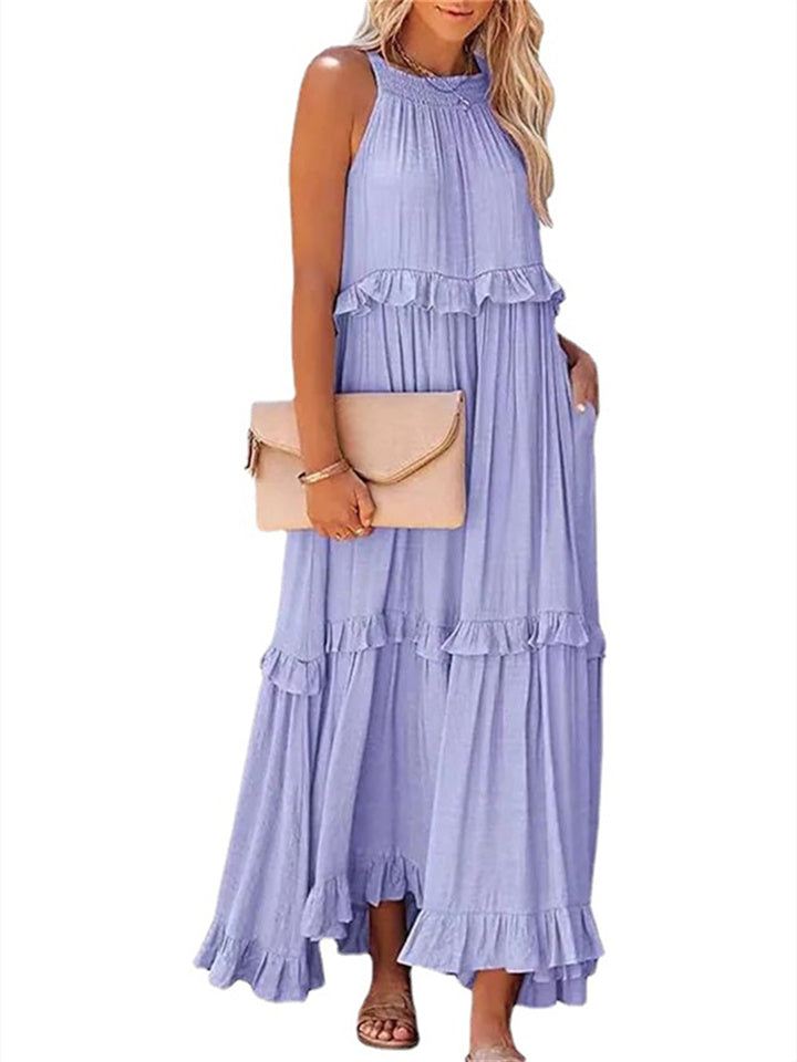 Loookus - Summer New Holiday Style Ruffled Long Dress Sleeveless Round Neck Swing Elegant Beach Dress Women