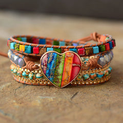 Lookus - Heart-Shaped Colorful Imperial Stone Leather Bracelet