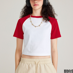 Loookus- Retro Raglan Contrast Color Short Sleeve Round Neck T-Shirt