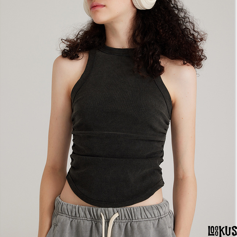 Loookus- Retro Washed Cropped Ruched Tank Top