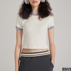 Loookus - Retro Contrast Color Round Neck Short Sleeve Cropped Women's T-Shirt