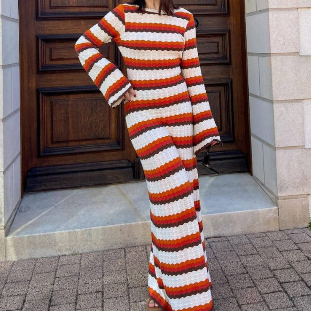 Loookus - Striped Color Block Knitted Hollow Out Maxi Dress Beach Vacation Style