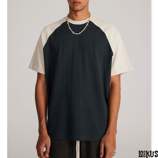 Loookus - Retro Raglan Contrast Color Short Sleeve T-Shirt