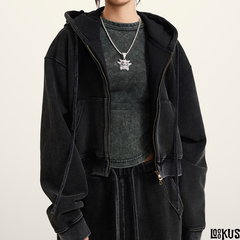 Loookus - Vintage Washed Y2K Hoodie Zip-Up Jacket &amp; Cargo Skirt Set
