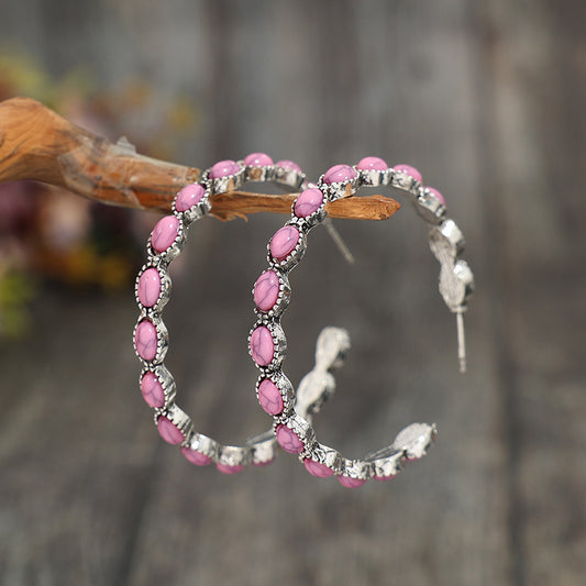 Loookus - Pink turquoise C-shaped earrings