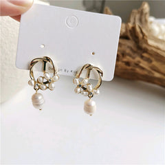 Loookus - French Style Pearl Floral With Pendant Earrings & Ear Clip