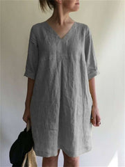 Loookus - Summer V-neck Solid Color Cotton Linen Loose Dresses Women