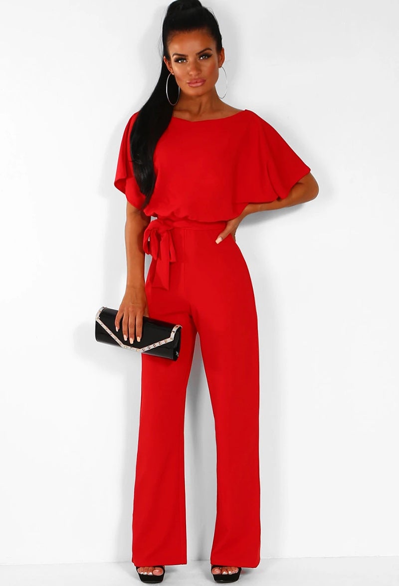 Loookus - Button Lace-up Short-sleeved Jumpsuit