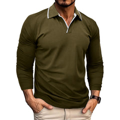 Loookus - Men's Long Sleeve Patchwork Cotton Color Blocked White Line Polo Shirt