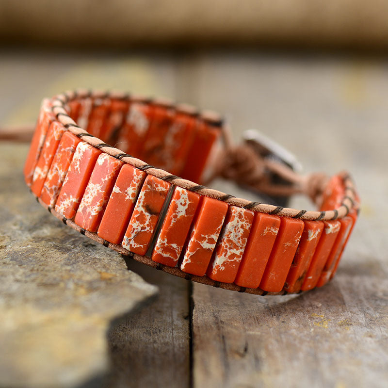 Loookus - Orange Imperial Stone Leather Handwoven Bracelet