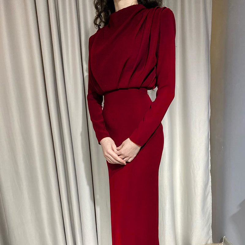 Loookus - Fashionable Waist and Foreign Style Solid Color Long Sleeve Dress