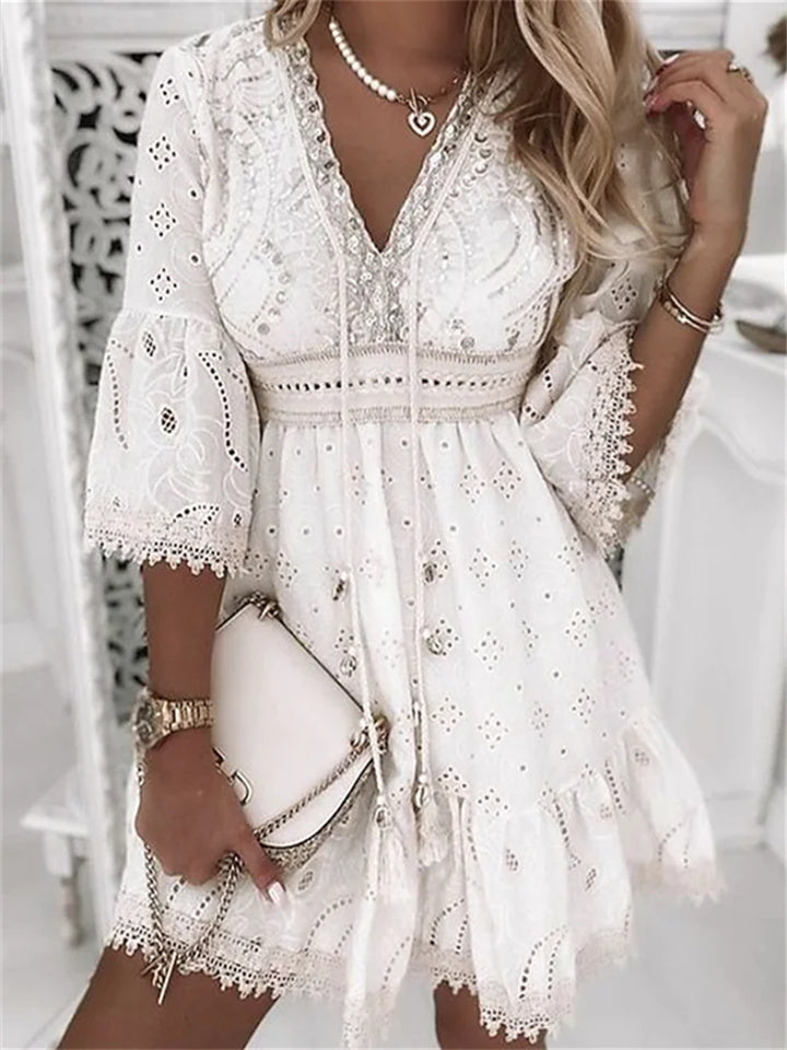 Loookus - Women's Party Dress Lace Short Mini Dress White 3/4 Length Sleeve Embroidery Hollow Out Ruched Fall Winter V Neck Stylish Modern 2022 S M L XL 2XL 3XL