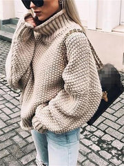 Loookus - Share  Photo by Supplier   Women's Sweater Pullover Jumper Knitted Solid Color Basic Casual Chunky Long Sleeve Loose Sweater Cardigans Turtleneck Fall Winter Light Blue Green White