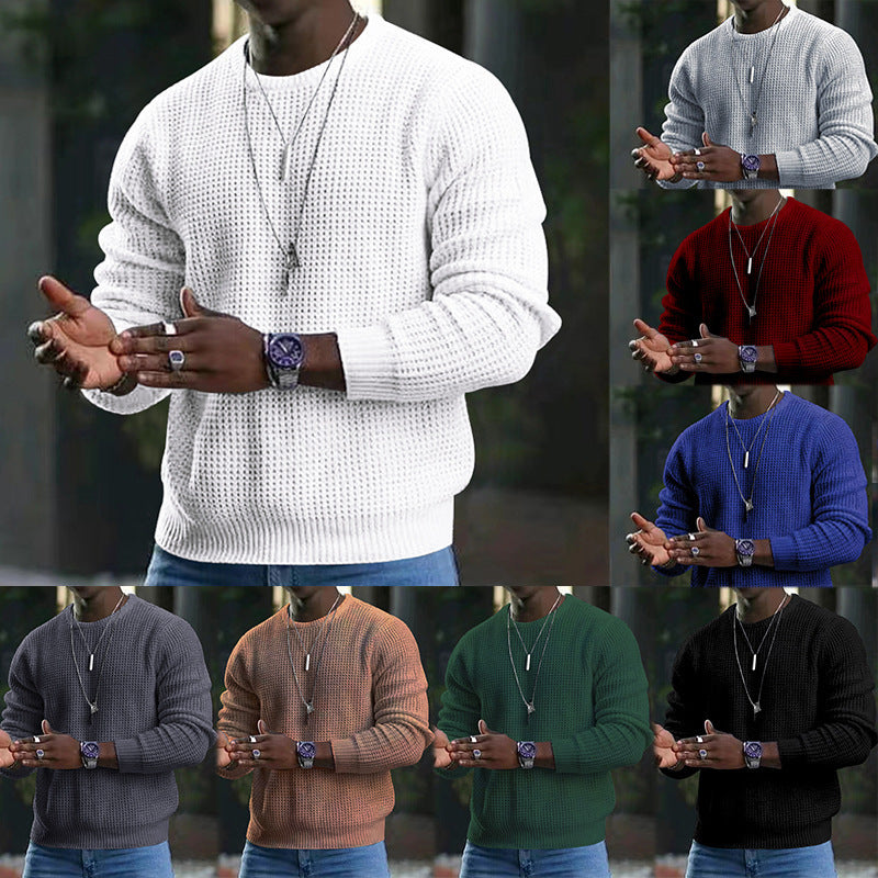 Loookus - Men's solid color waffle round neck pullover knit shirt