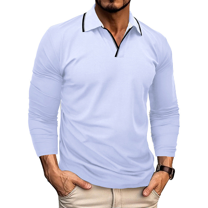 Loookus - Men's Long Sleeve Patchwork Cotton Color Blocked White Line Polo Shirt