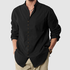 Loookus - Gentleman's Standing Collar Button Down Cotton Linen Shirt