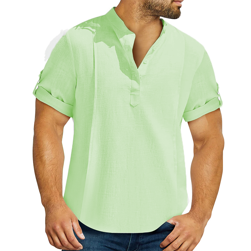 Loookus - Men's linen cotton Henley shirt casual shirt short sleeve T shirt