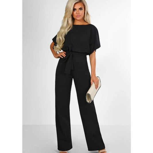 Loookus - Button Lace-up Short-sleeved Jumpsuit