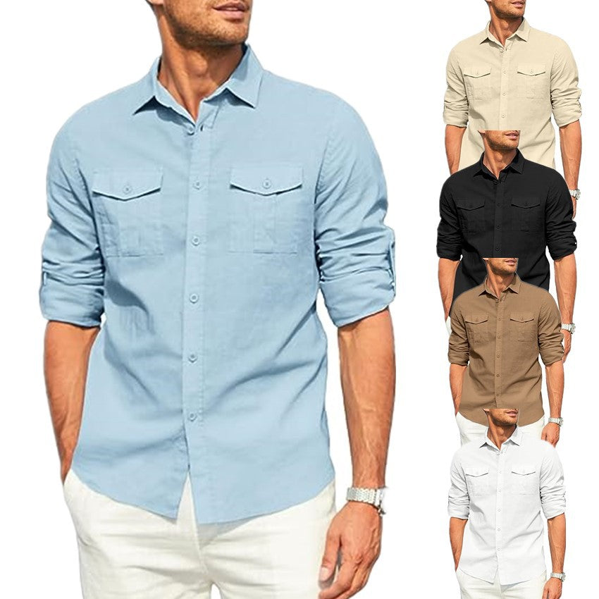 Loookus - Gentleman Simple Temperament Cotton Shirt with Two Pockets