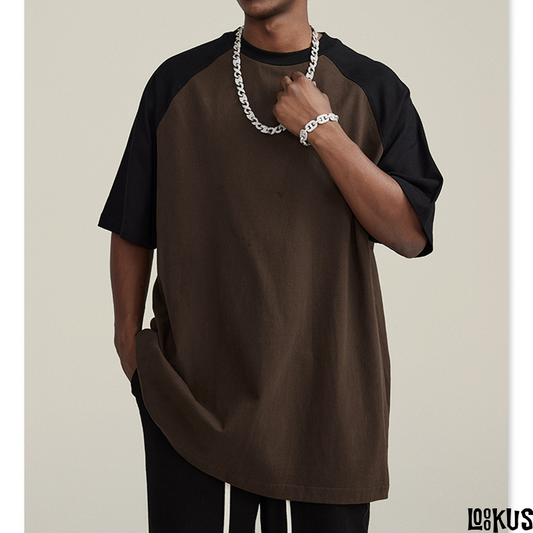 Loookus - Retro Raglan Contrast Color Short Sleeve T-Shirt