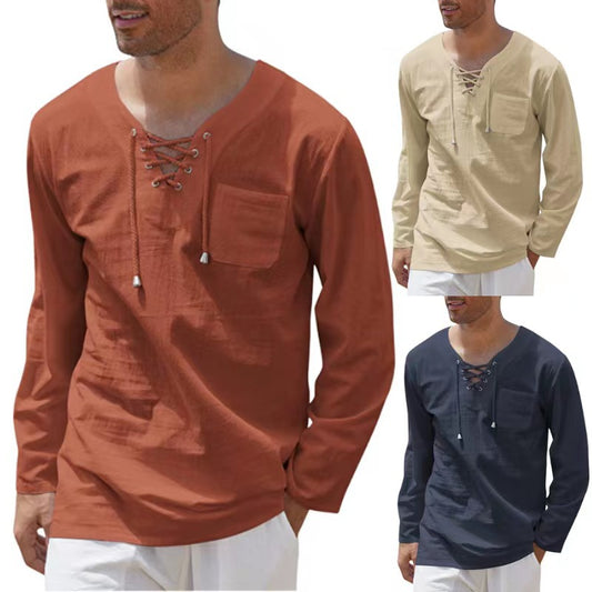 Loookus - Gentleman's Everyday Pure Color Without Pattern Fit Long Cotton Linen Shirt